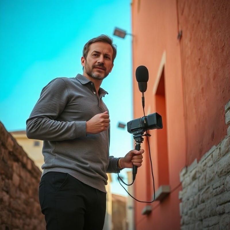 Muškarac s profesionalnim audio-snimačem u uskoj splitskoj kamenoj uličici u zoru